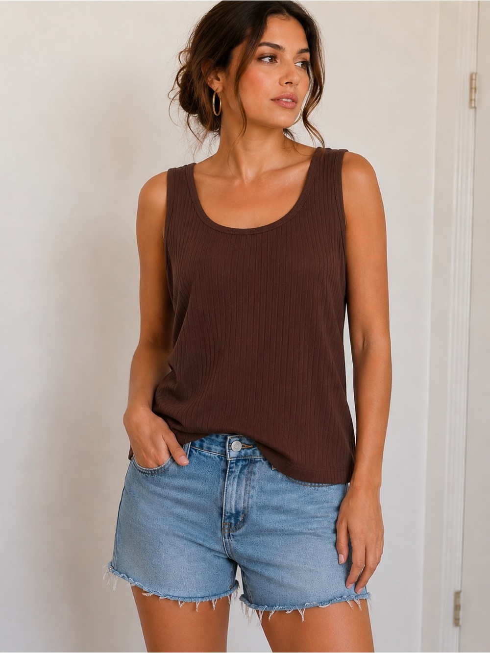 White Stag Women’s Small Chocolate Brown Ribbed Stretch Cotton Tank Top